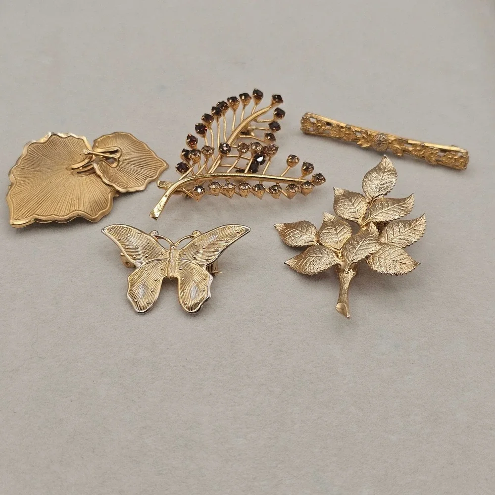 Vintage Rhinestone Brooch Lot Gold Tone Butterfly Leaf Nature Botanical 5pc
